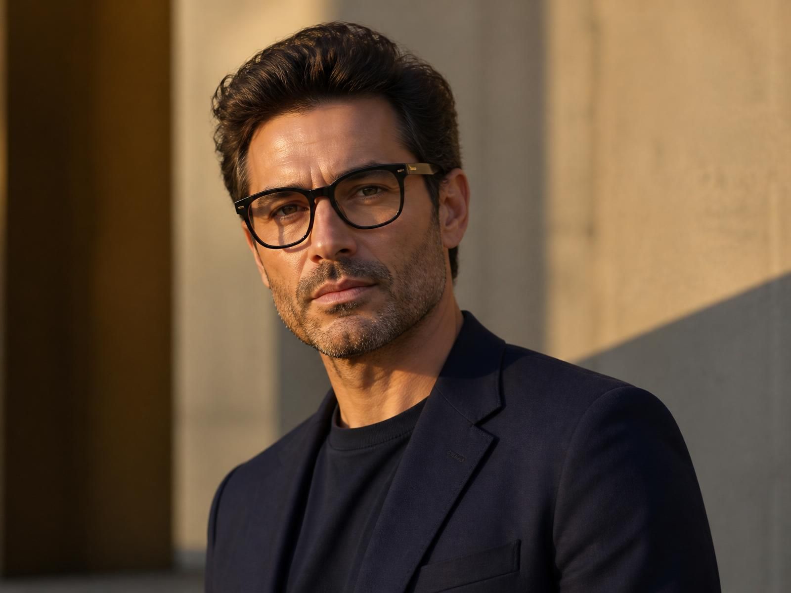Eyegis Zenith men's blue-light glasses — dark TR90 frame photographed on a São Paulo skyline at night, showing anti-glare coating and neutral color fidelity.