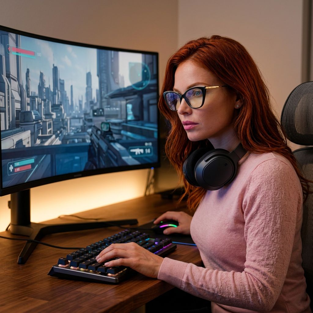 Luxury minimal gaming setup in a modern apartment with warm architectural lighting