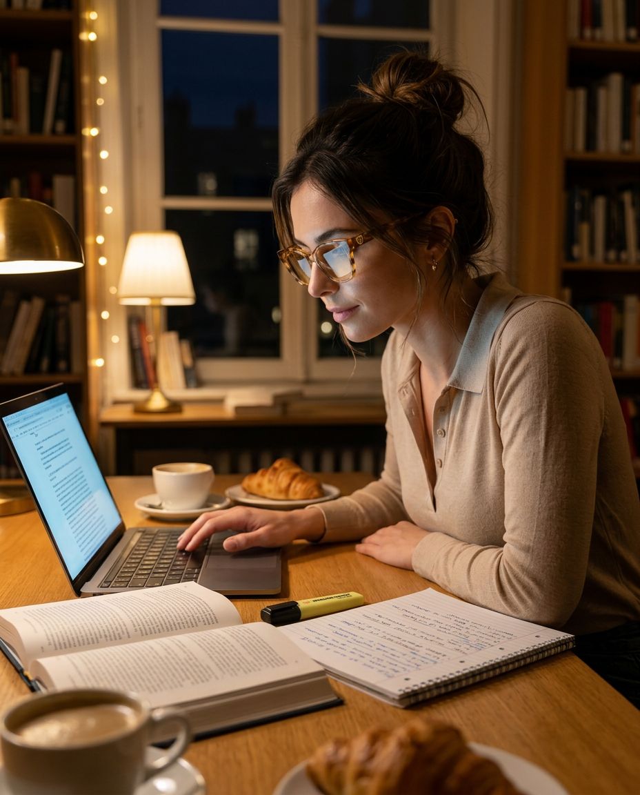 Student reading in a sunlit university library beside a laptop and tablet