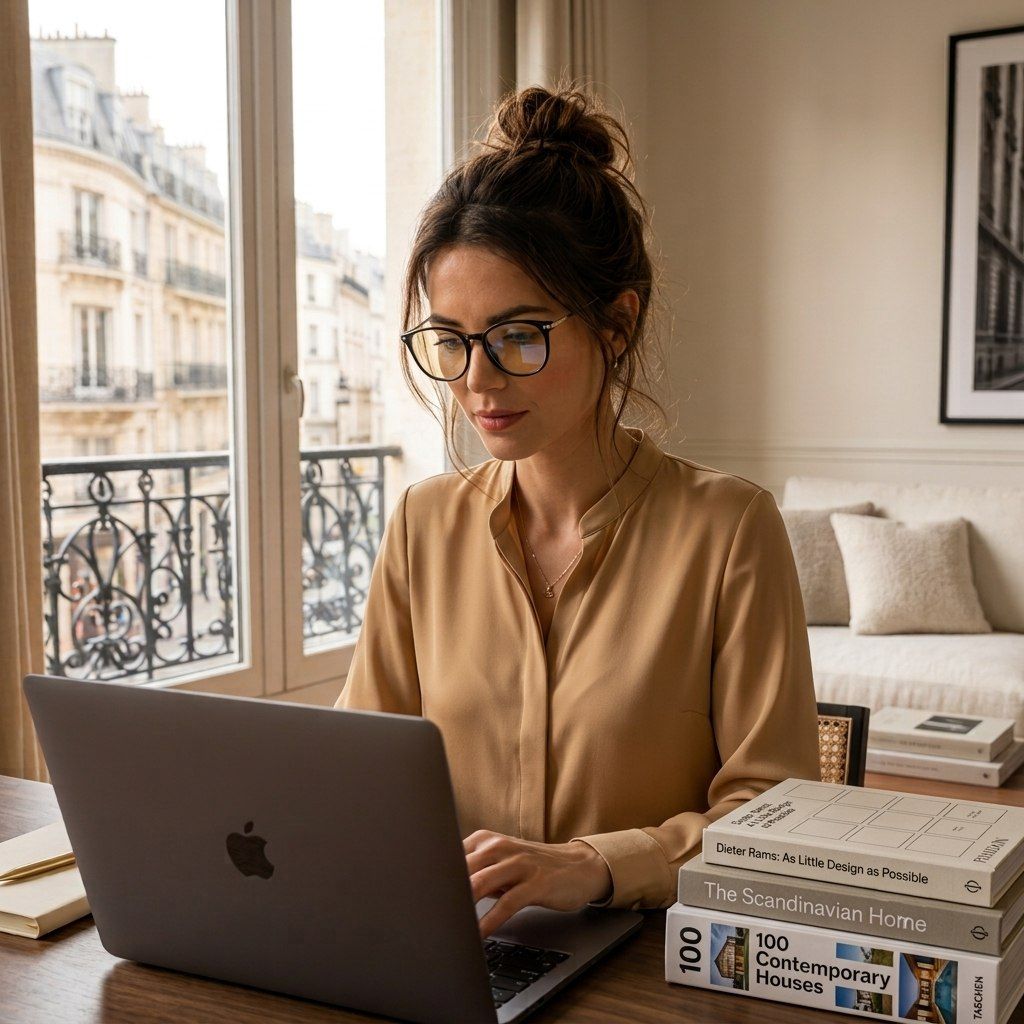 An Eyegis wearer resting by a window in a minimal concrete and oak interior, Paris